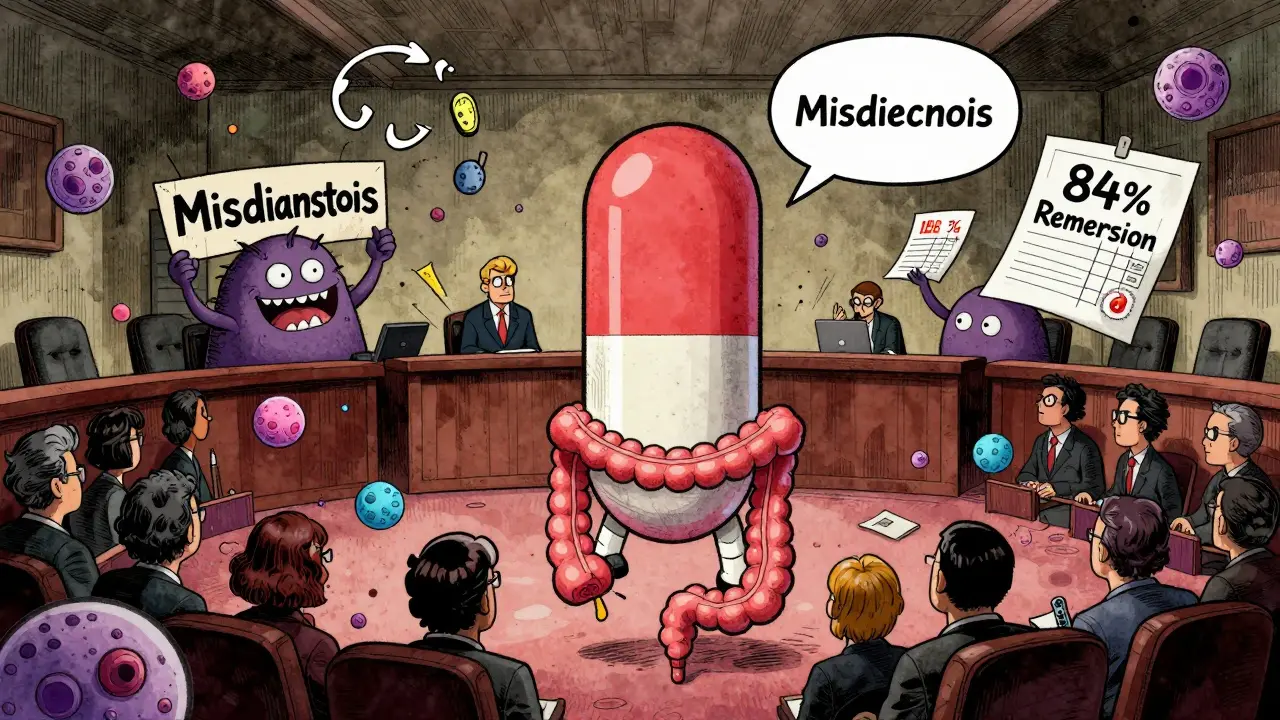 A courtroom inside a colon where a budesonide pill defends against IBS, with remission charts as evidence.