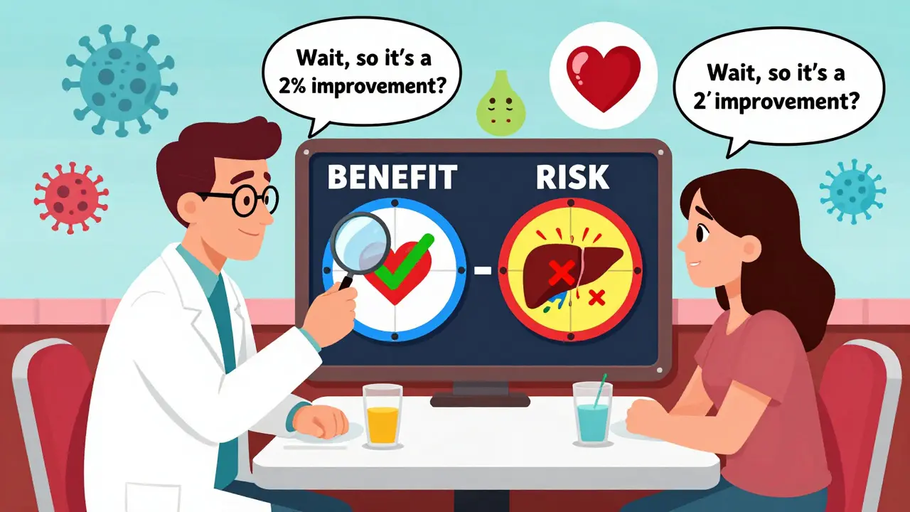 A doctor and patient examine a drug label that looks like a game show with benefit and risk spinning wheels.
