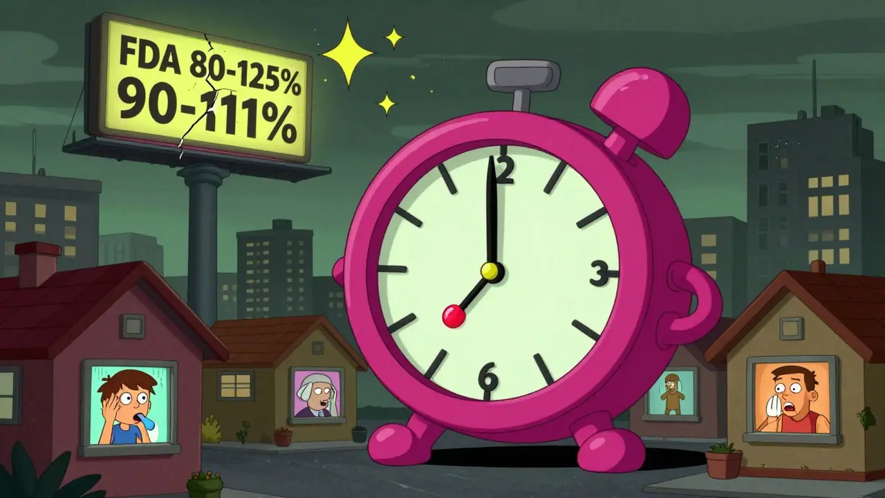 A giant ticking pill over a city where people have seizures as their medication changes color mid-swallow, with a cracking FDA label above.