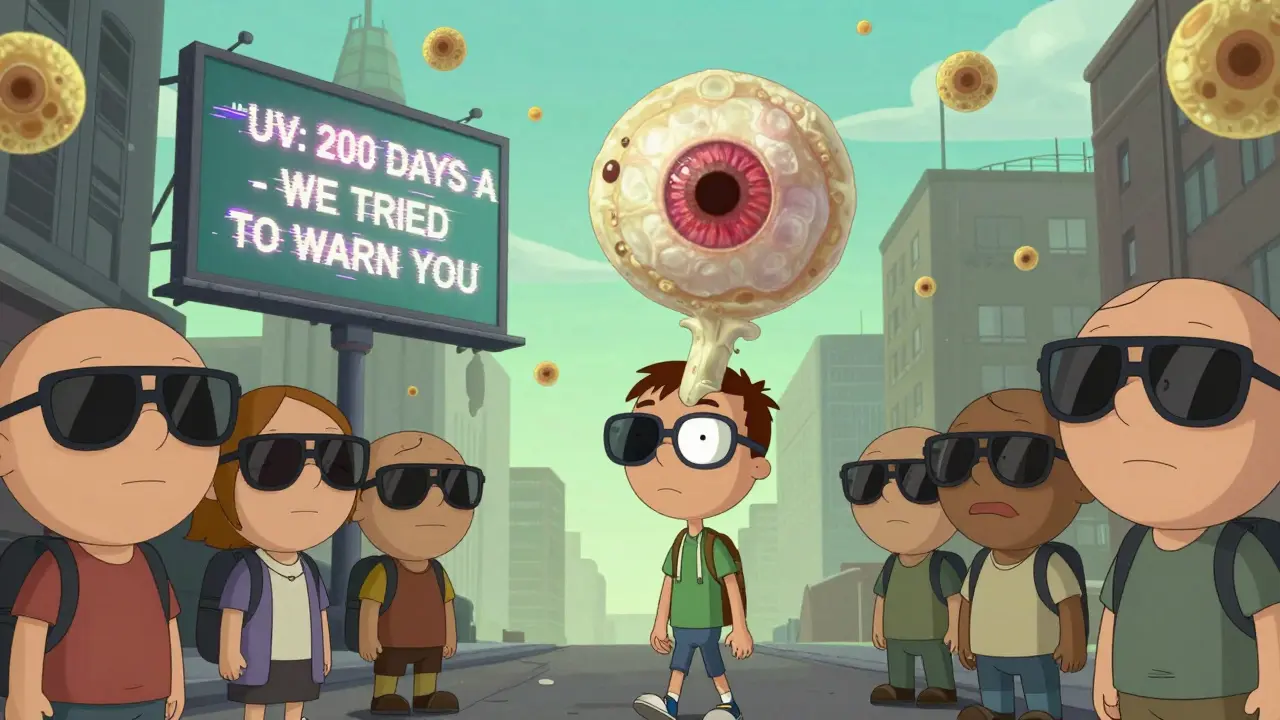 A man with a large eye growth walking in a city where everyone wears giant sunglasses.
