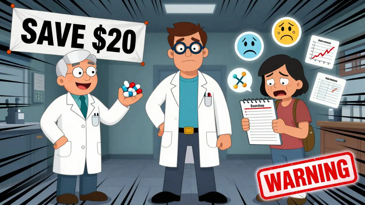 A neurologist standing between a pharmacist and a terrified patient, with floating icons of anxiety, sleep loss, and diet disruption.