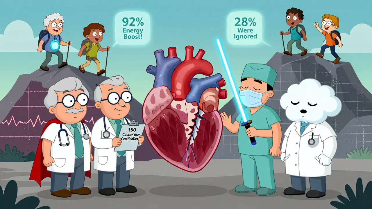 A quirky medical team debates over a floating heart, while two patients hike up a graph-shaped mountain.