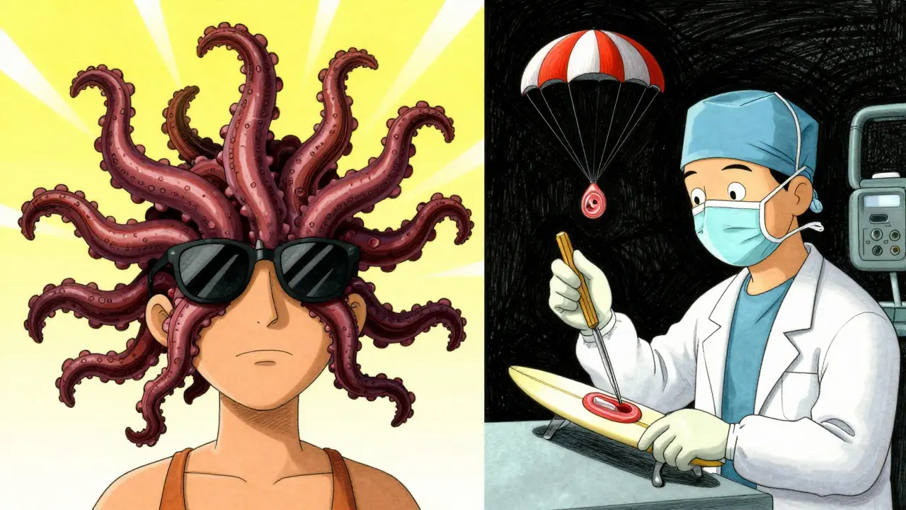 A surfer with sunglasses flying off as UV tentacles attack his eyes, surgeon removing pterygium with a surfboard scalpel.