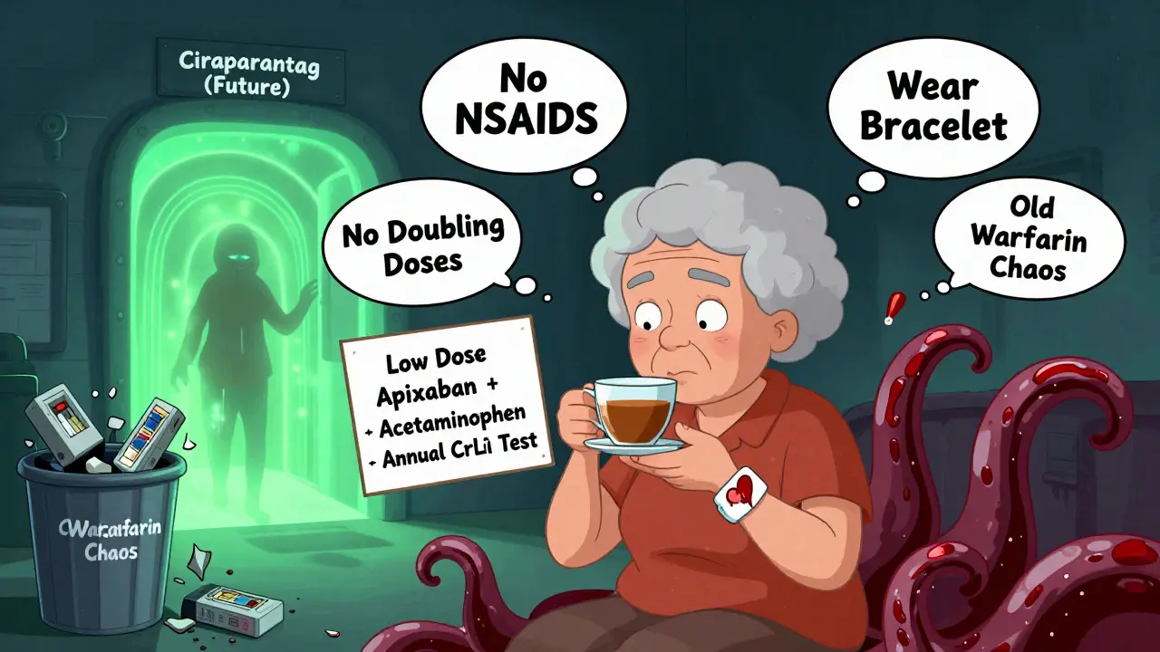 An elderly woman calmly manages her anticoagulant therapy while a bleeding monster is kept at bay by smart health habits.