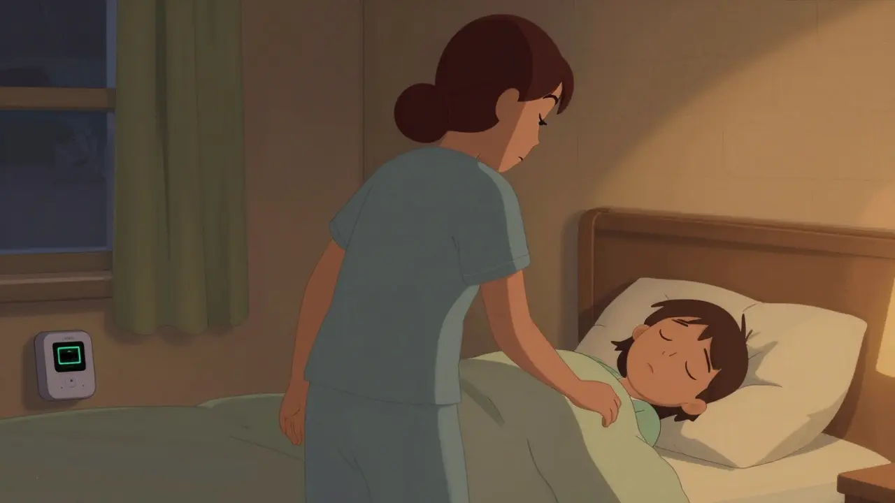 Caregiver guiding confused sleeper back to bed calmly.