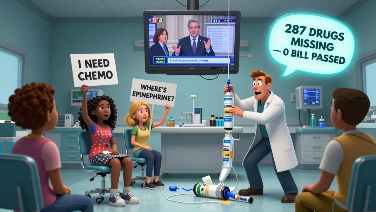 Chaotic ER with patients holding drug demand signs, doctor taping a leaking pipeline labeled 'S.2665' while Congress argues on TV.