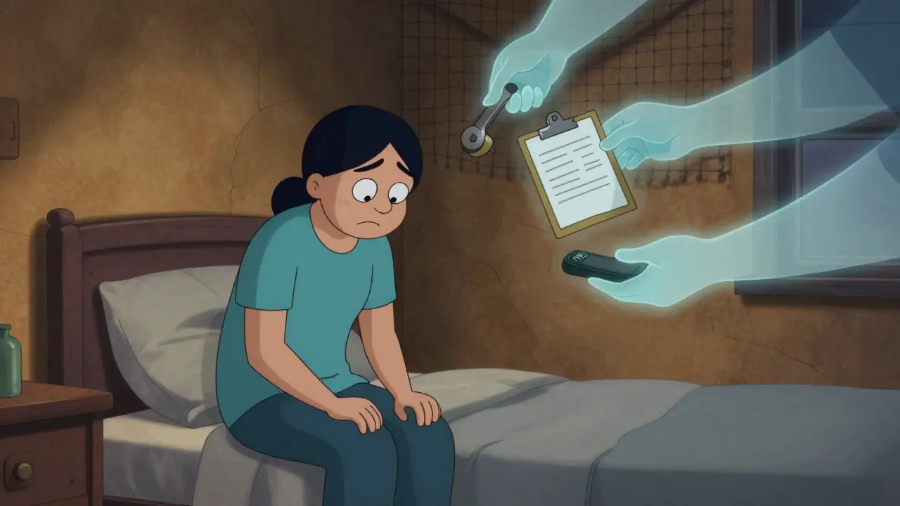 Exhausted caregiver supported by invisible assistance network