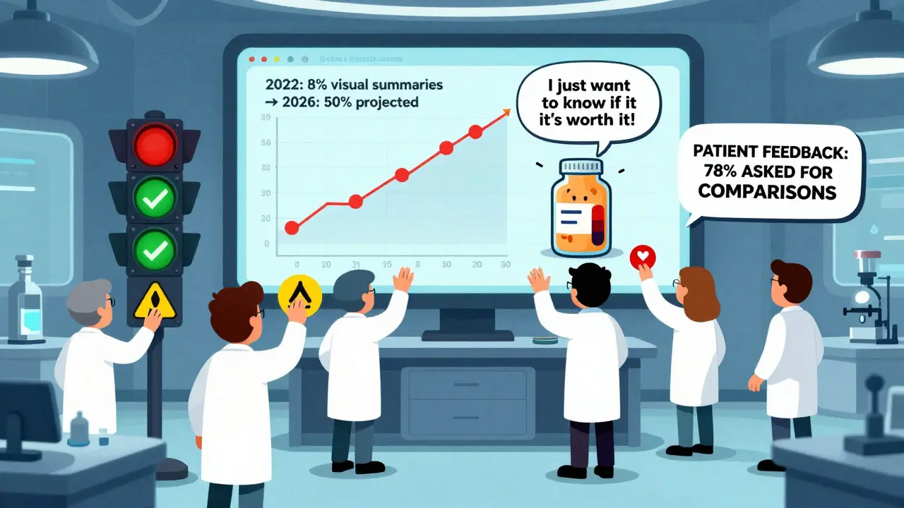 FDA scientists attach colorful icons to drug labels while a patient emerges from a pill bottle asking if the treatment is worth it.
