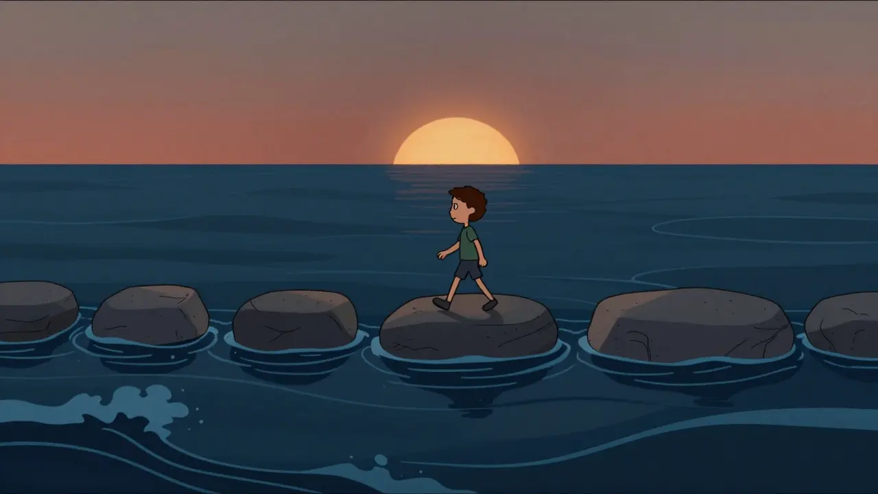 Figure stepping on stones across water depicting slow tapering journey