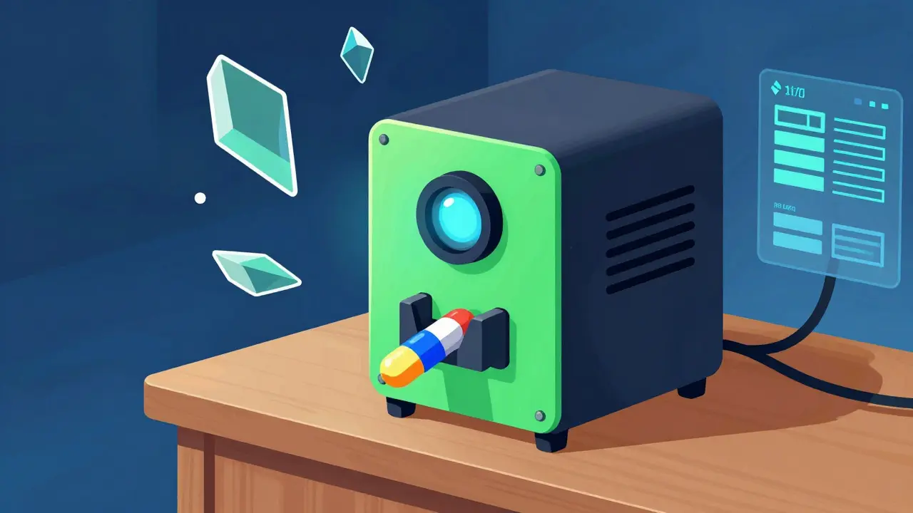 Futuristic electronic pill dispenser locking mechanisms close up