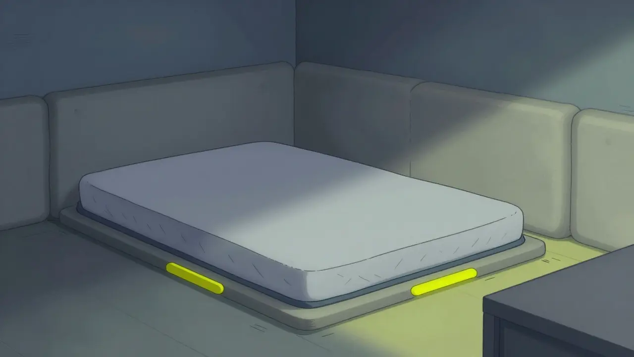 Safe bedroom with low mattress and padded wall corners.