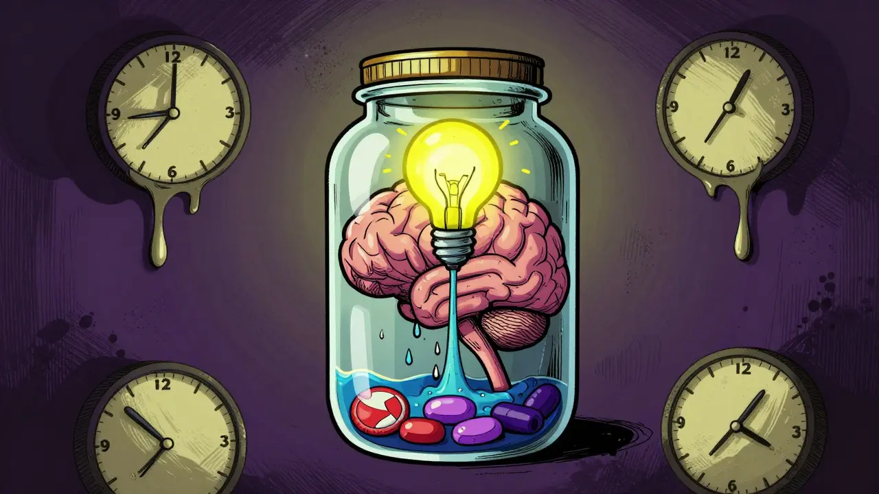 Stylized brain in jar losing liquid to show chemical imbalance timing