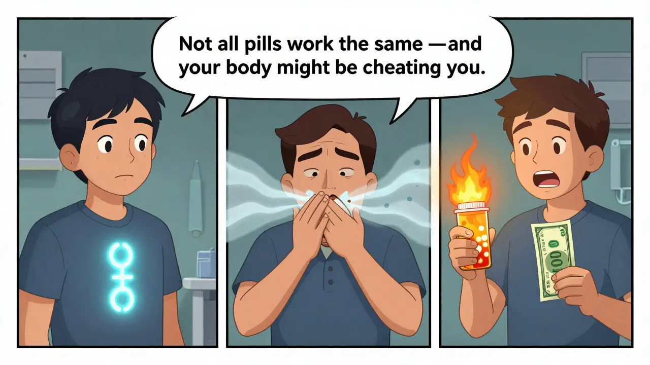 Three patients facing different drug issues: genetic resistance, breathing trouble, and cost disparity in a surreal comic style.