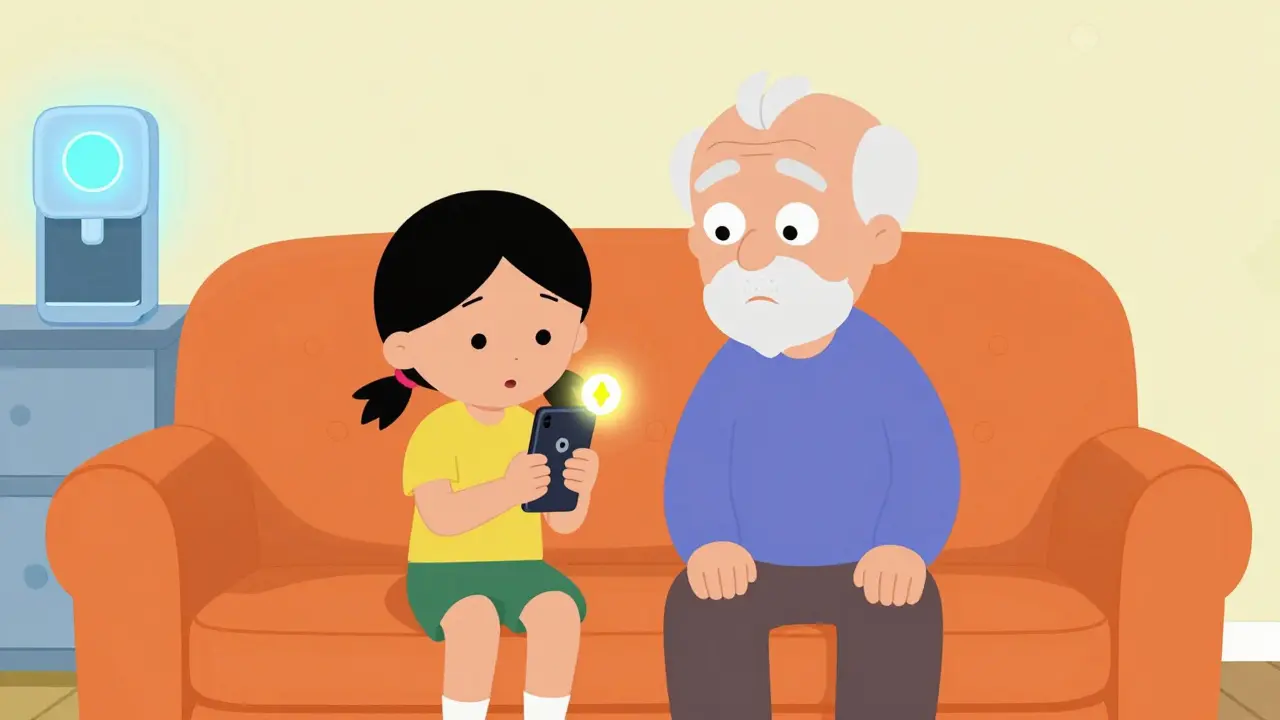 A caregiver receiving a medication alert on a phone while sitting with an elderly parent.