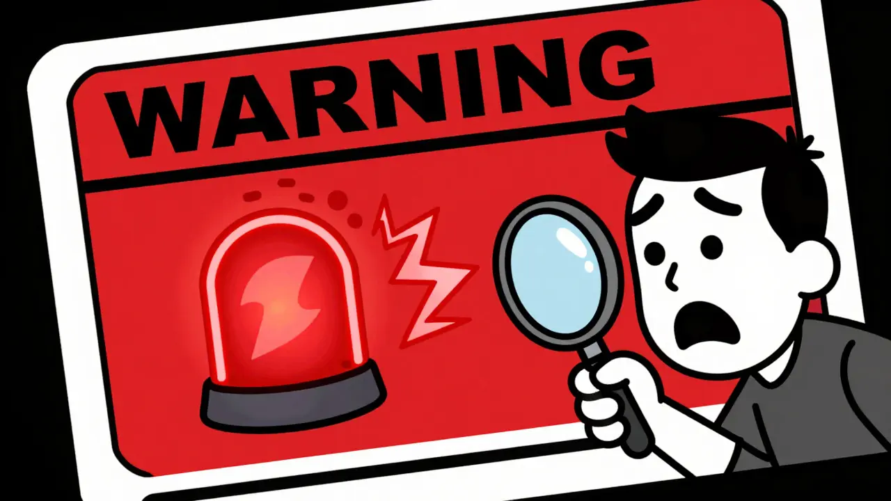 A glowing red neon stop sign emerging from a medicine label warning box