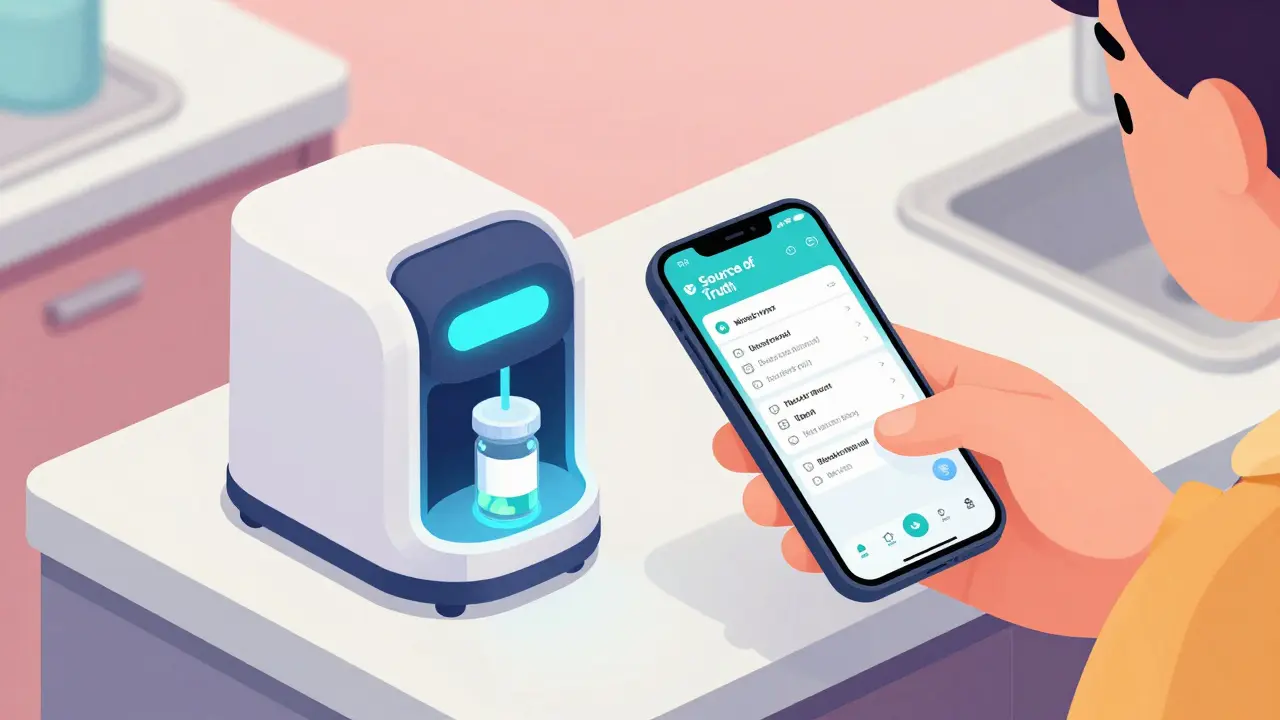 A hand using a smartphone to scan a medication bottle next to a smart dispenser.