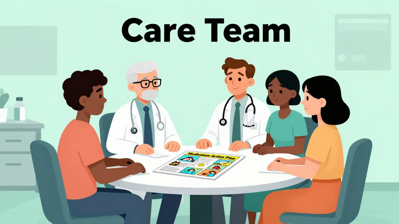 A quirky patient meeting with their doctor, pharmacist, and family to discuss a health plan.