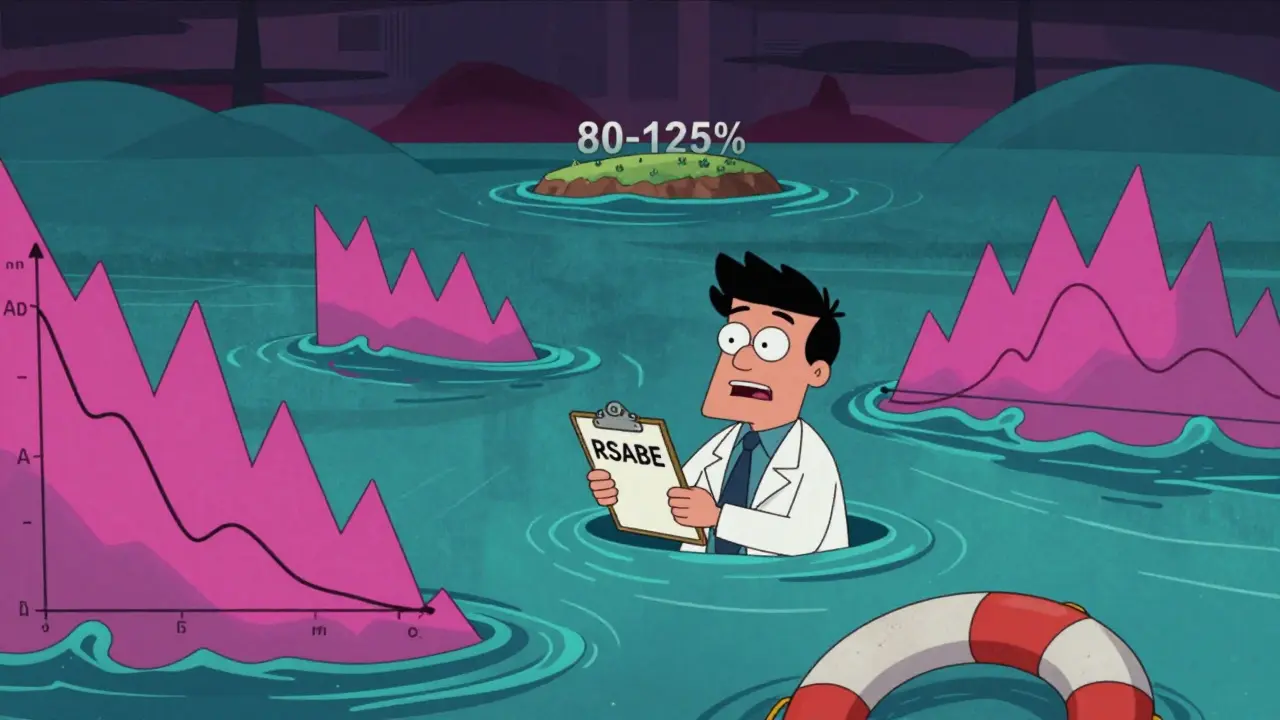 Cartoon scientist struggling in a sea of jagged drug concentration graphs while holding a life preserver.