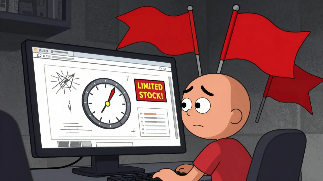 Character reacting to red flags and fake urgency timers on a sketchy pharmacy website.