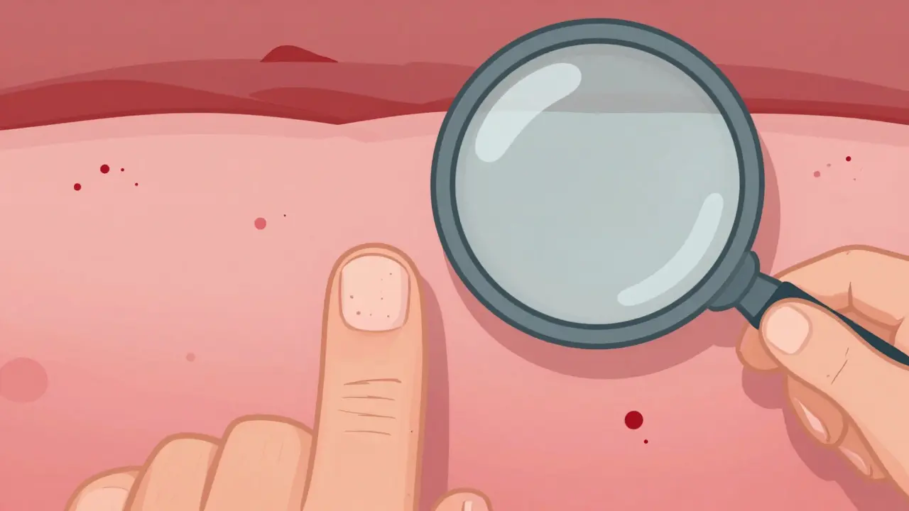 Close-up of nail pitting and the Auspitz sign of bleeding pinpoint dots on a skin lesion