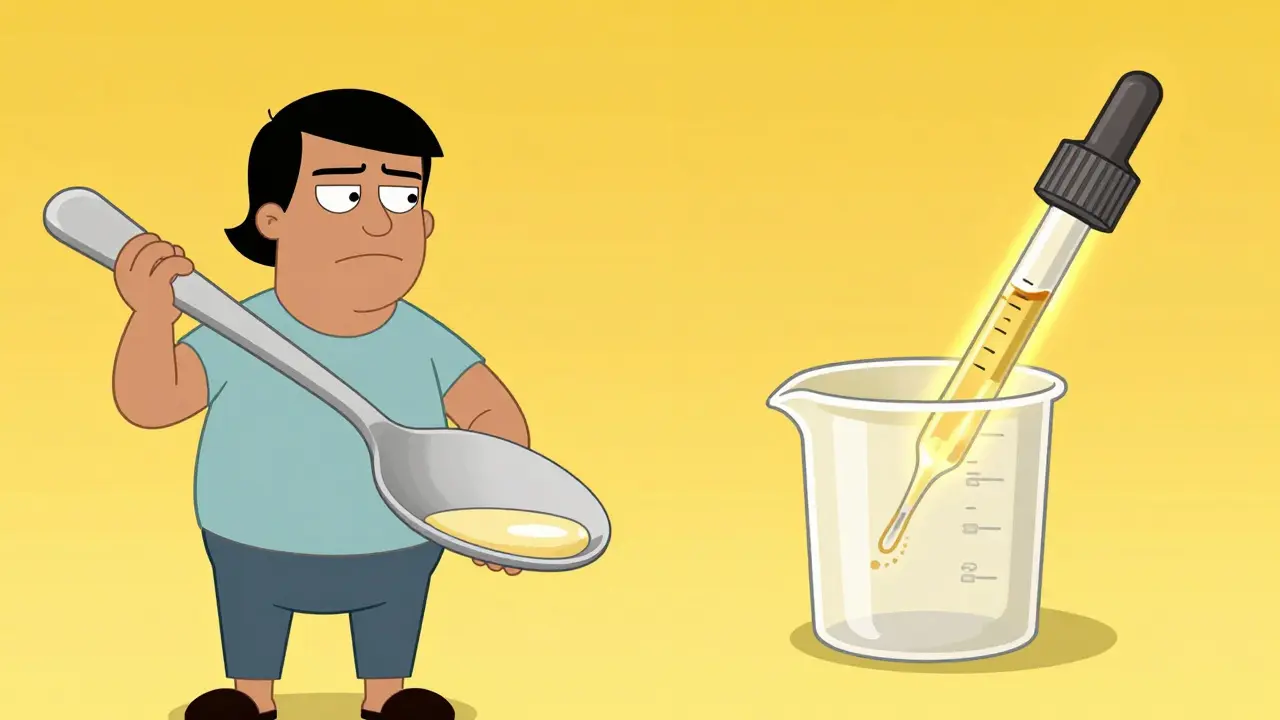 Comparison between a large kitchen spoon and a precise medical dosing cup