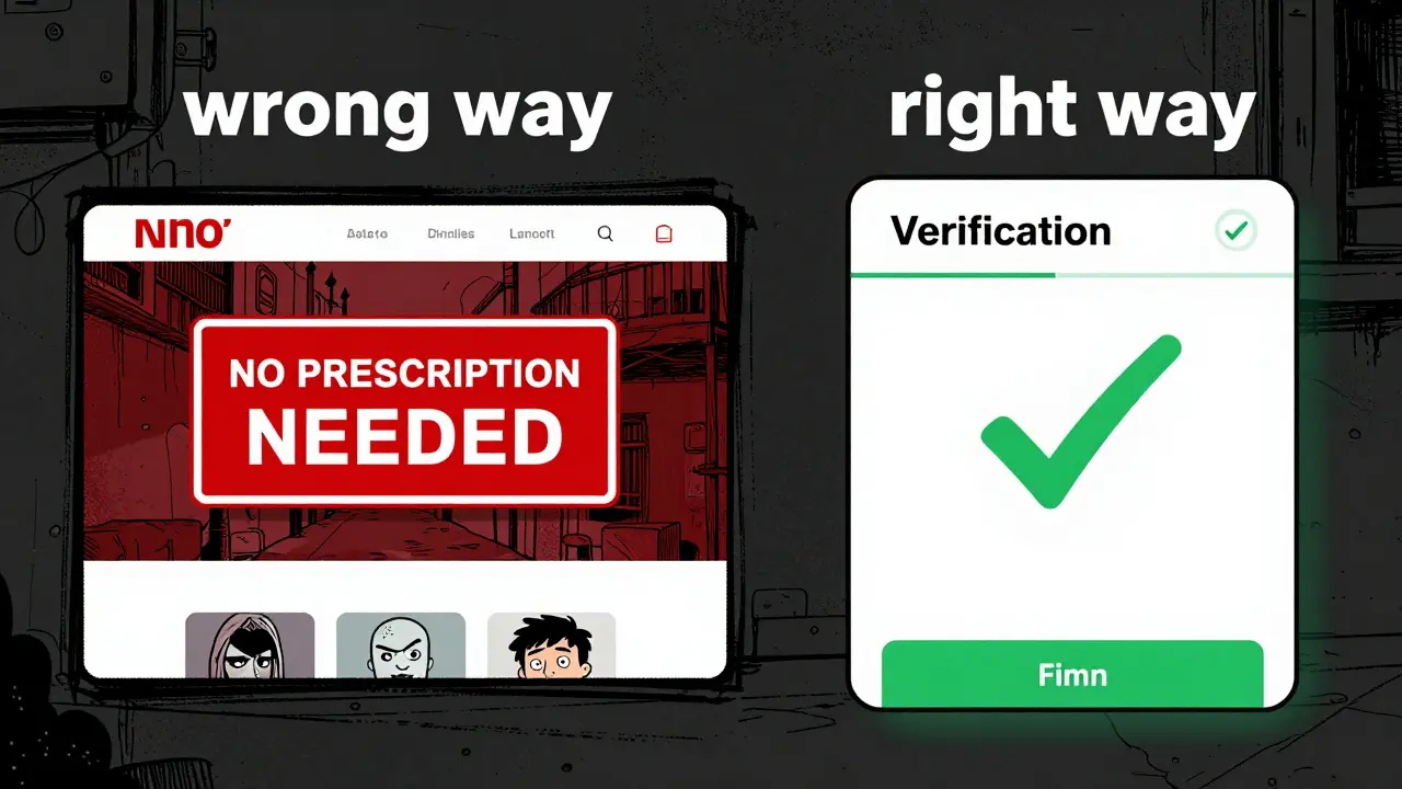 Comparison between a sketchy online pharmacy and a legitimate verified pharmacy in a satirical cartoon style
