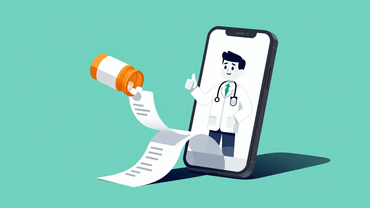 Digital prescription flowing from a telehealth app into a medication bottle in a cartoon style