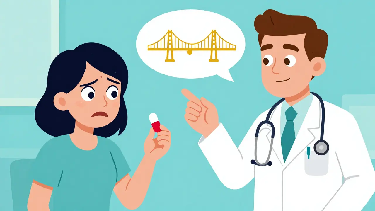 Doctor explaining the equivalence of a generic pill to a skeptical patient