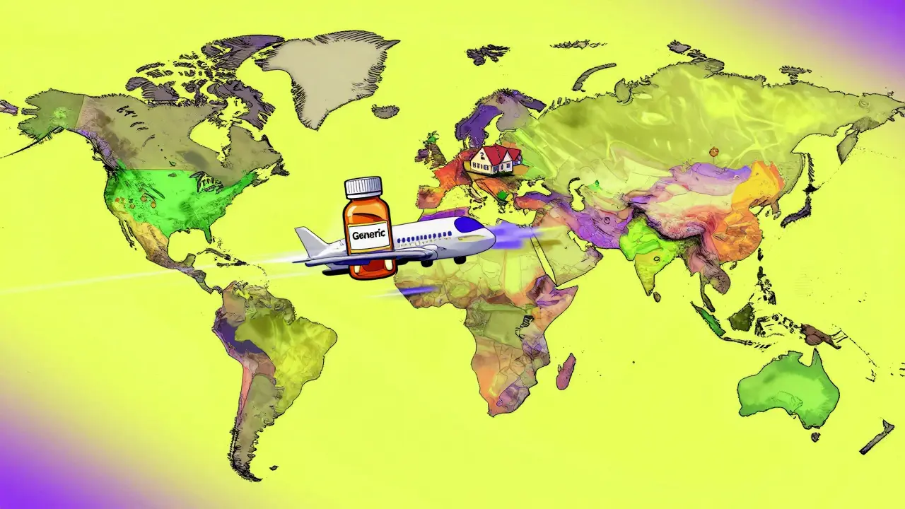 Illustration of a generic medicine bottle being shipped from India to the US.