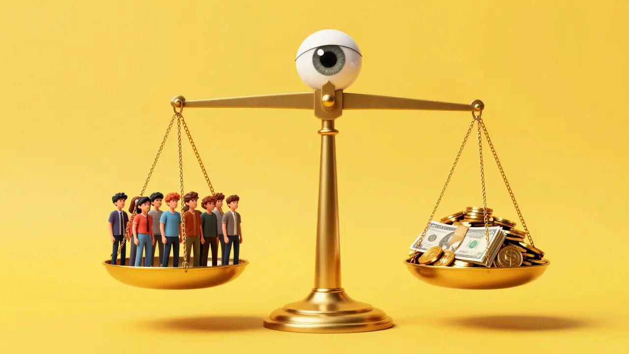 Illustration of a scale balancing a small group of people against a pile of money under a watchful eye.