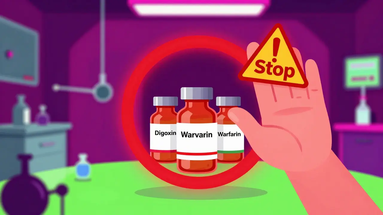 Medicine bottles for narrow therapeutic index drugs inside a red warning zone