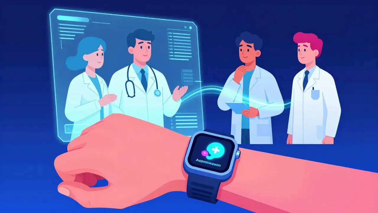 Person with a smartwatch linked to a digital hologram of a doctor and pharmacist.