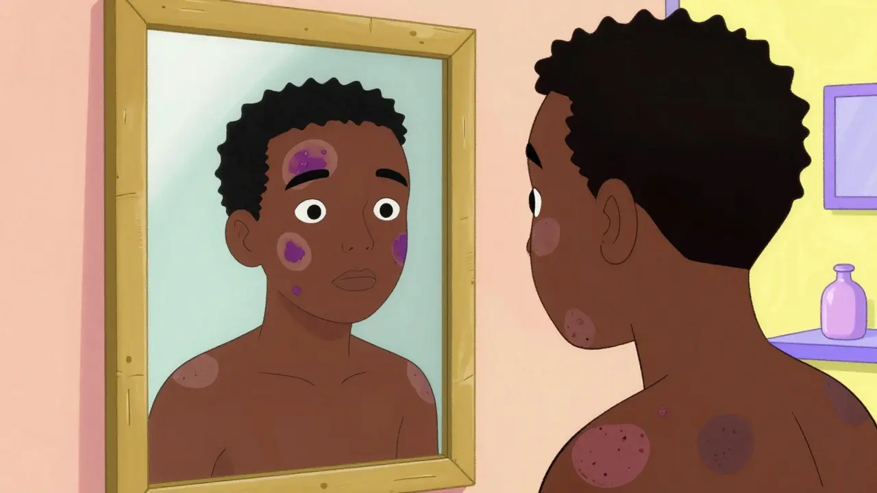 Psoriasis and eczema appearing as purple and ashen patches on dark skin tones