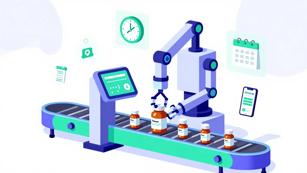 Robotic pharmacy arm automatically preparing generic medication bottles.